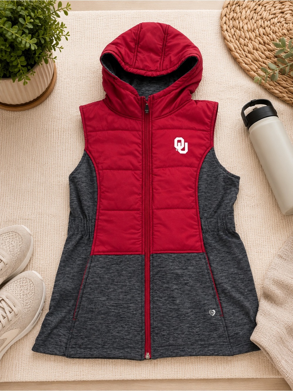 Oklahoma University Colosseum Hooded Vest in Red and Gray college football